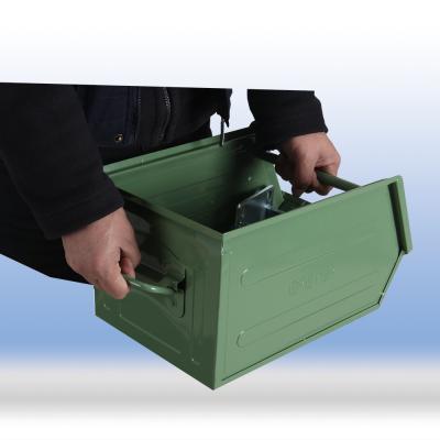 Open fronted storage bins made of sheet steel