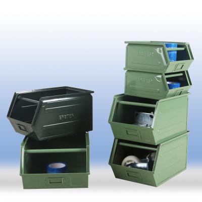 Open fronted storage bins made of sheet steel