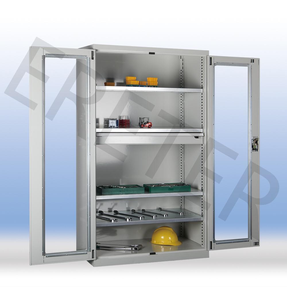 玻璃双开门工具柜-带1个高度100mm抽屉 4层镀锌可调搁板 承重150kg/层